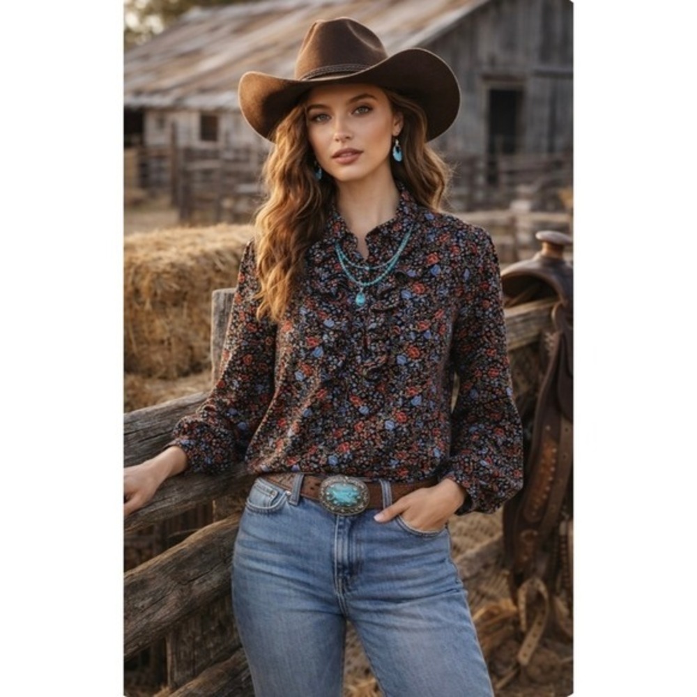 FREE PEOPLE Black Floral Ruffled Poet Top Blouse Buttondown Bohemian Medium